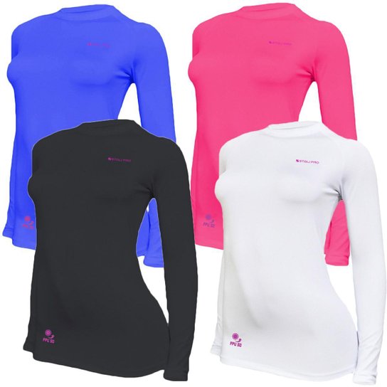 Kit C/ 4 Camisas Feminino Stigli Pro Proteção Solar FPU 50 Manga Longa Luna Poliamida N - Azul+Preto