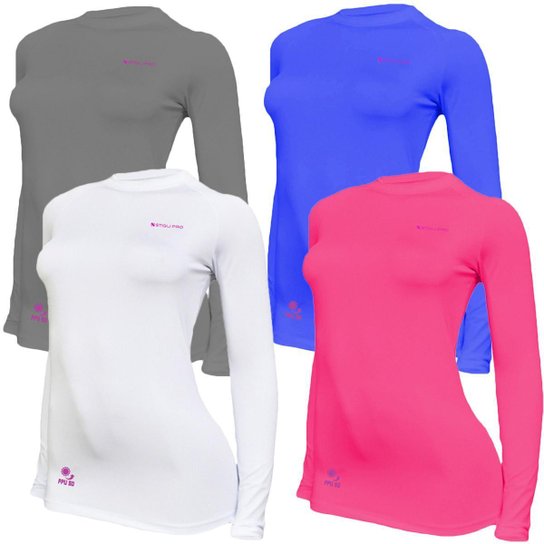 Kit C/ 4 Camisas Feminino Stigli Pro Proteção Solar FPU 50 Manga Longa Luna Poliamida N - Azul+Rosa