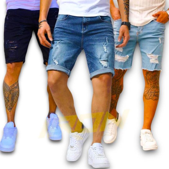 Kit C/3 Bermudas Jeans Rasgadas Masculina Slim Casual Homem 478 - Preto+Azul Menor preço em Kit C/3 Bermudas Jeans Rasgadas Masculina Slim Casual Homem 478 - Preto+Azul
