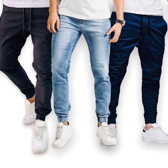 KIT C/3 Calças Jeans Sarja Jogger Masculina Casual 15 - Azul+Preto Menor preço em KIT C/3 Calças Jeans Sarja Jogger Masculina Casual 15 - Azul+Preto
