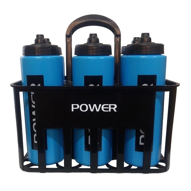Kit c/6 Squeeze + Cesta Porta Garrafas Power Preta Bico Automático