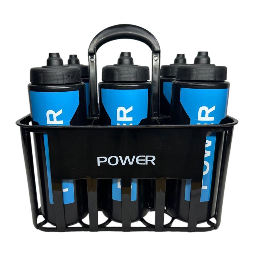 Kit c/6 Squeeze + Cesta Porta Garrafas Power Preta/Preta Bico Automático
