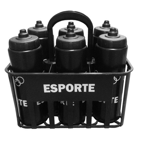 Kit c/6 Squeeze + Cesta Porta Garrafas Preta Bico Automático - Preto Menor preço em Kit c/6 Squeeze + Cesta Porta Garrafas Preta Bico Automático - Preto