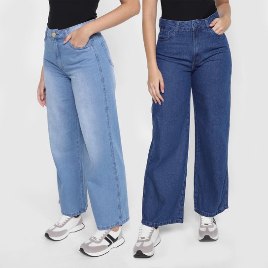 Kit Calça Jeans Grifle Wide Leg Feminina 2 Peças - Azul Menor preço em Kit Calça Jeans Grifle Wide Leg Feminina 2 Peças - Azul