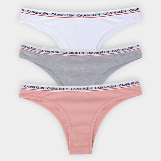 Kit Calcinha Tanga Calvin Klein C/ 3 Peças - Branco+Cinza Menor preço em Kit Calcinha Tanga Calvin Klein C/ 3 Peças - Branco+Cinza