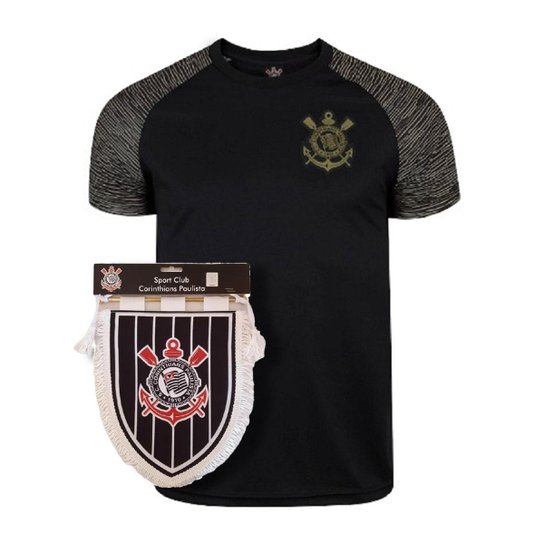 Kit Camisa Corinthians Raglan Gold + Flamula Oficial - Preto