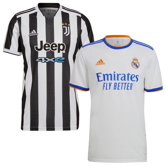 Kit Camisa Juventus Home 21/22 + Camisa Real Home 21/22 Torcedor Adidas Masculina - Branco+Preto Menor preço em Kit Camisa Juventus Home 21/22 + Camisa Real Home 21/22 Torcedor Adidas Masculina - Branco+Preto
