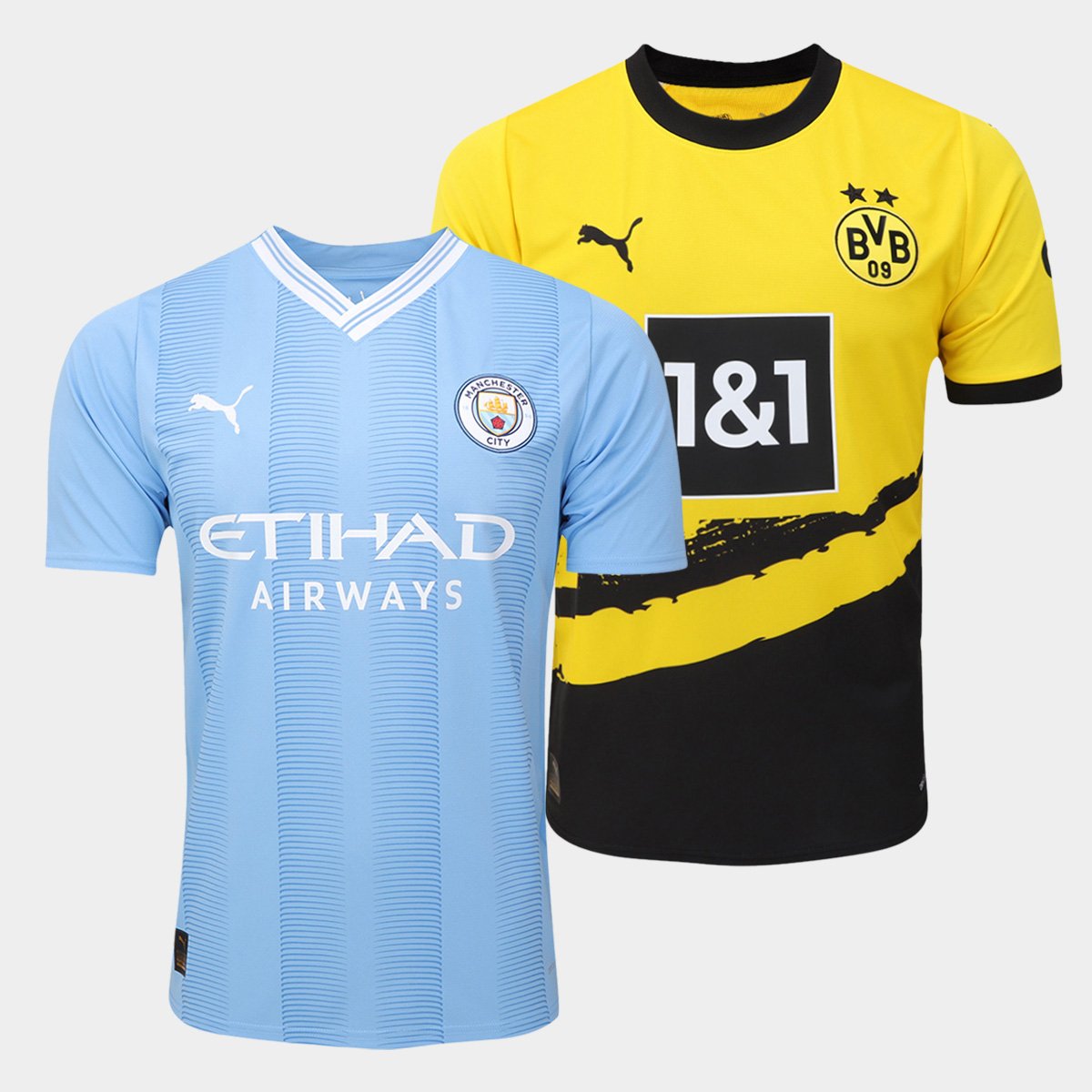 Kit Camisa Manchester City Home 23/24 + Borussia Dortmund Home 23/24 Puma Masculina Menor preço em Kit Camisa Manchester City Home 23/24 + Borussia Dortmund Home 23/24 Puma Masculina