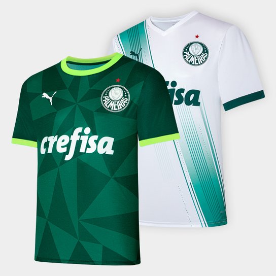 Kit Camisa Palmeiras 23/24 s/n° Estádio Puma Masculina C/ 2 Peças - Verde Menor preço em Kit Camisa Palmeiras 23/24 s/n° Estádio Puma Masculina C/ 2 Peças - Verde