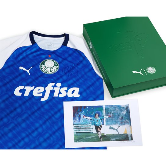 Kit Camisa Palmeiras Marcos 1999 Edição Especial Autografada Torcedor Puma - Azul Menor preço em Kit Camisa Palmeiras Marcos 1999 Edição Especial Autografada Torcedor Puma - Azul
