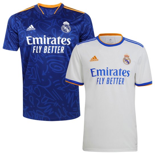Kit Camisa Real Madrid Away + Camisa Real Madrid Home 21/22 s/n° Torcedor Adidas Masculina - Azul+Branco Menor preço em Kit Camisa Real Madrid Away + Camisa Real Madrid Home 21/22 s/n° Torcedor Adidas Masculina - Azul+Branco