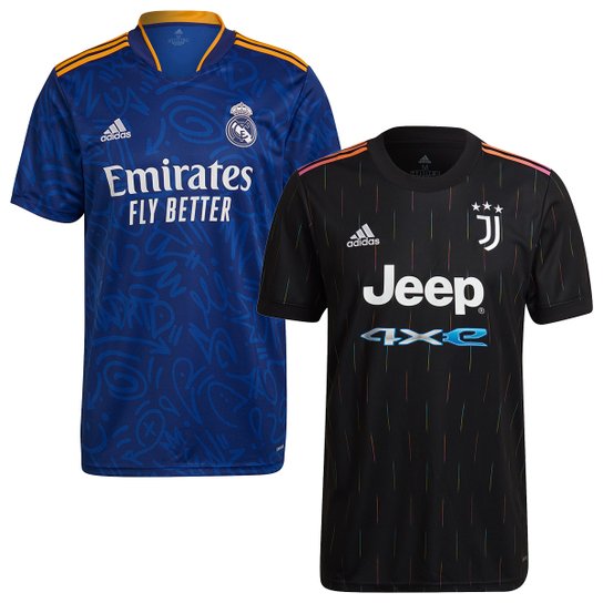 Kit Camisa Real Madrid + Camisa Juventus Away 21/22 s/n° Torcedor Adidas Masculina - Azul+Preto Menor preço em Kit Camisa Real Madrid + Camisa Juventus Away 21/22 s/n° Torcedor Adidas Masculina - Azul+Preto