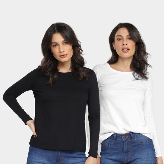 Kit Camiseta Basicamente Baby Look 2 Peças Feminino - Branco+Preto Menor preço em Kit Camiseta Basicamente Baby Look 2 Peças Feminino - Branco+Preto