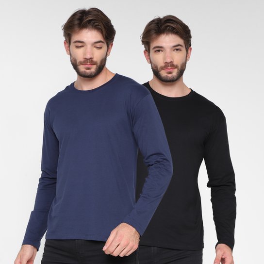 Kit Camiseta Basicamente Manga Longa 2 Peças Masculino - Marinho+Preto Menor preço em Kit Camiseta Basicamente Manga Longa 2 Peças Masculino - Marinho+Preto