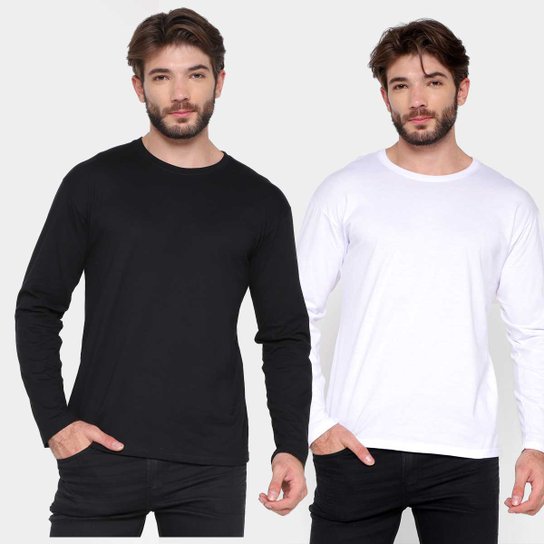 Kit Camiseta Basicamente Manga Longa 2 Peças Masculino - Branco+Preto Menor preço em Kit Camiseta Basicamente Manga Longa 2 Peças Masculino - Branco+Preto