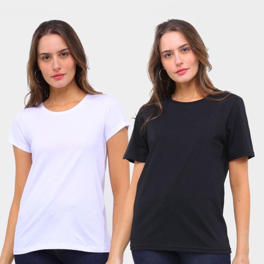 Kit Camiseta Básicos C/ 2 Peças Feminina - Branco+Preto Menor preço em Kit Camiseta Básicos C/ 2 Peças Feminina - Branco+Preto