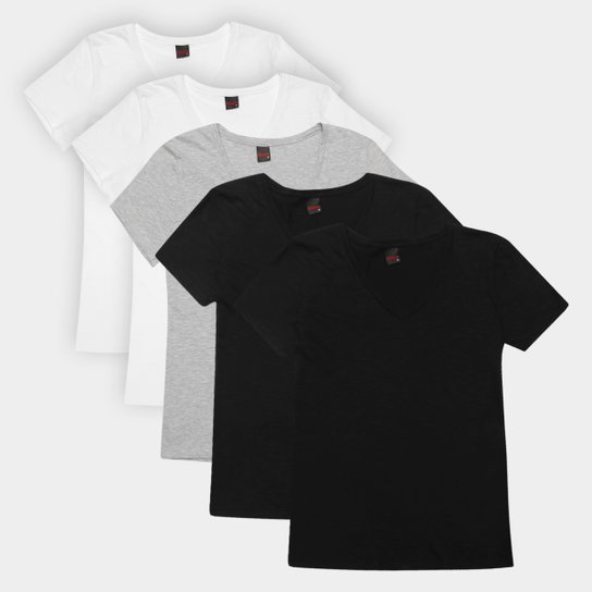 Kit Camiseta Básicos Gola V Lisa  C/ 5 Peças Feminina - Preto+Cinza é ruim? Kit Camiseta Básicos Gola V Lisa  C/ 5 Peças Feminina - Preto+Cinza é boa?