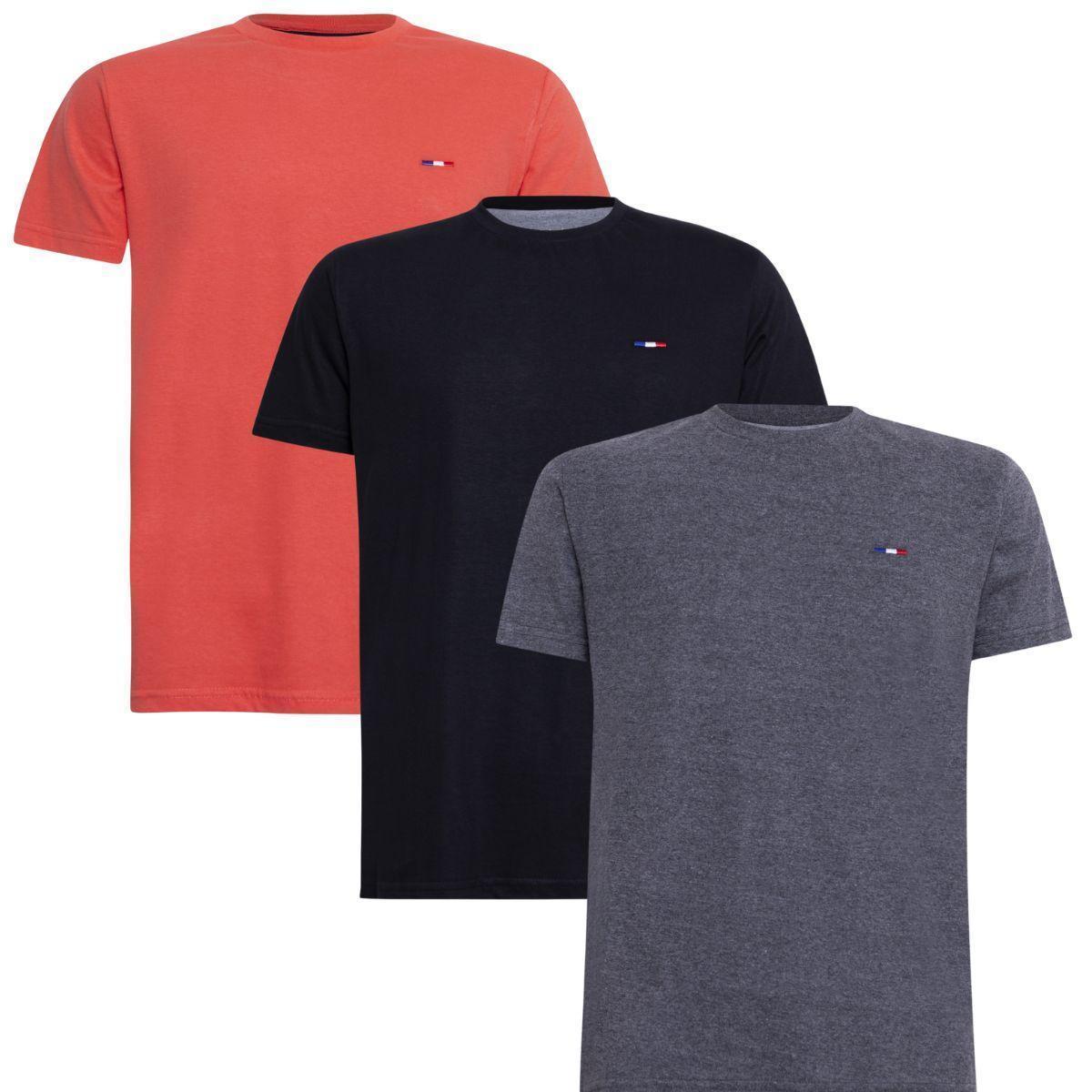 Kit Camiseta Industrie Básica Bordada França Clássico Algodão Premium Masculina 3 peças Cores