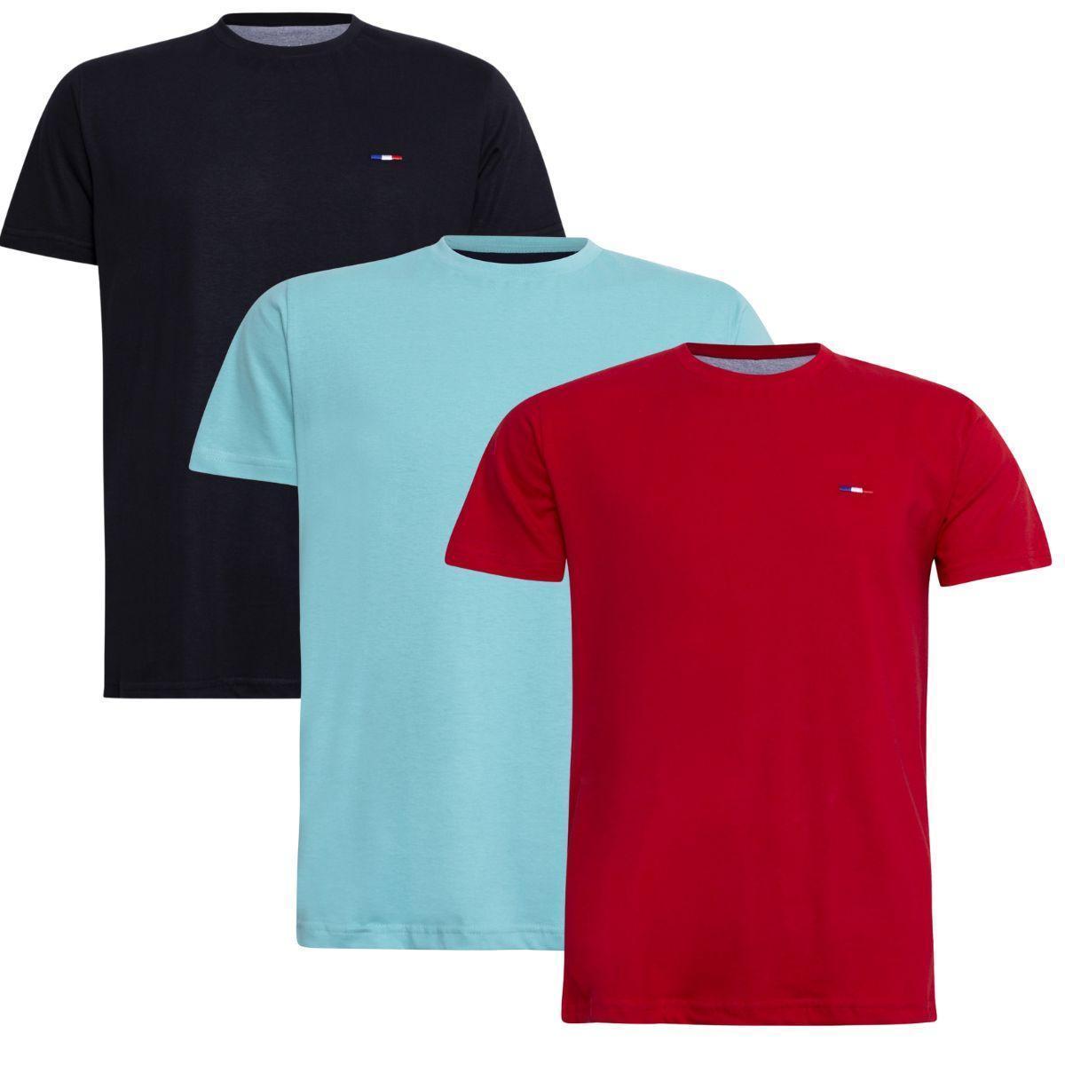 Kit Camiseta Industrie Básica Bordada França Clássico Algodão Premium Masculina 3 peças Cores
