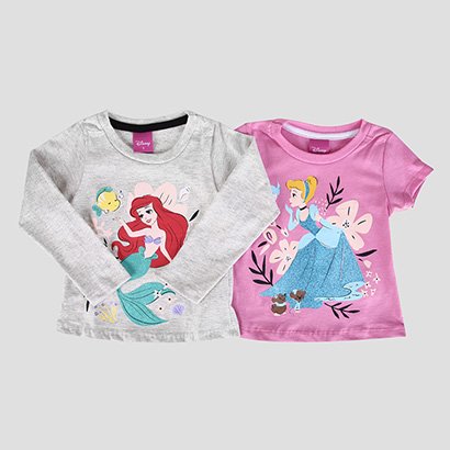 Kit Camiseta Infantil Disney Princesas Glitter Cinderela e Ariel Menina - 2 Peças - Feminino