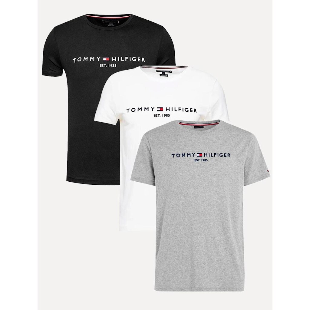 Kit Camisetas Tommy Hilfiger | Masculina Core Logo Tee Preta/Branca/Cinza