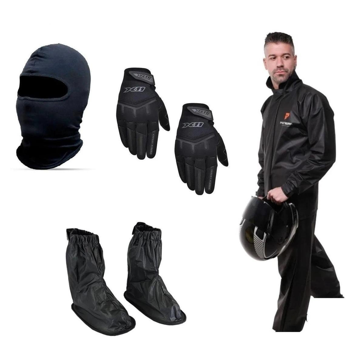 Kit Capa Roupa Chuva Pioneira Jaqueta Calça Pvc + Polaina Preta Moto + Capuz Ninja + Luva X11 Fit Menor preço em Kit Capa Roupa Chuva Pioneira Jaqueta Calça Pvc + Polaina Preta Moto + Capuz Ninja + Luva X11 Fit