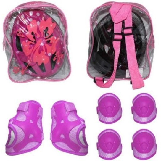 Kit Capacete/Joelheira/Cotoveleira/Munhequeira Rosa Infantil - Rosa Menor preço em Kit Capacete/Joelheira/Cotoveleira/Munhequeira Rosa Infantil - Rosa