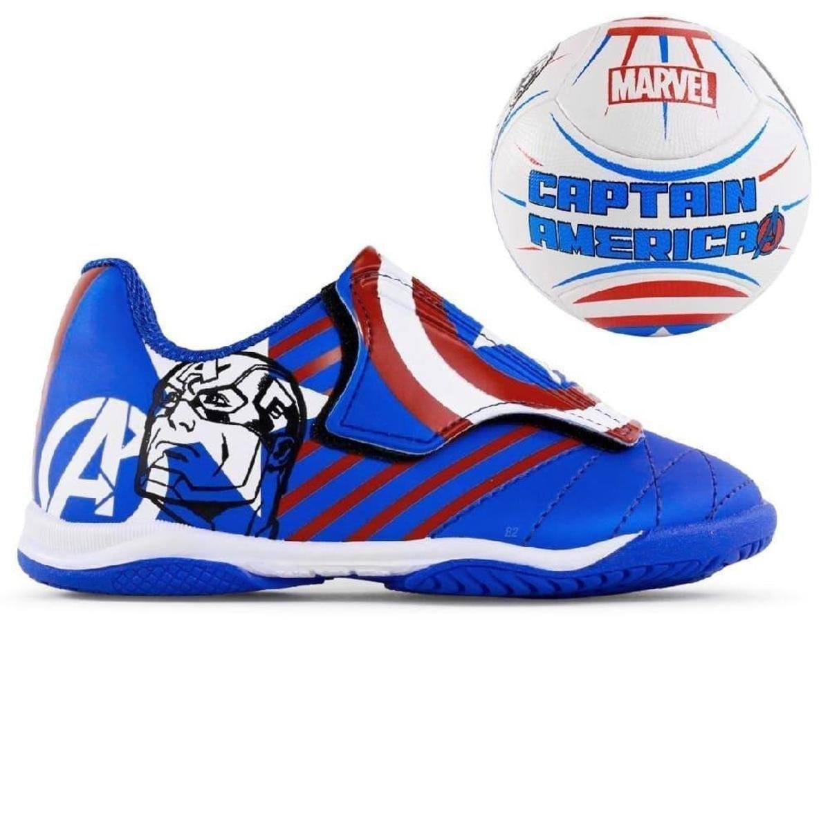 Kit Chuteira + Bola Dray Marvel - Capitão América - Azul e Vermelho Menor preço em Kit Chuteira + Bola Dray Marvel - Capitão América - Azul e Vermelho