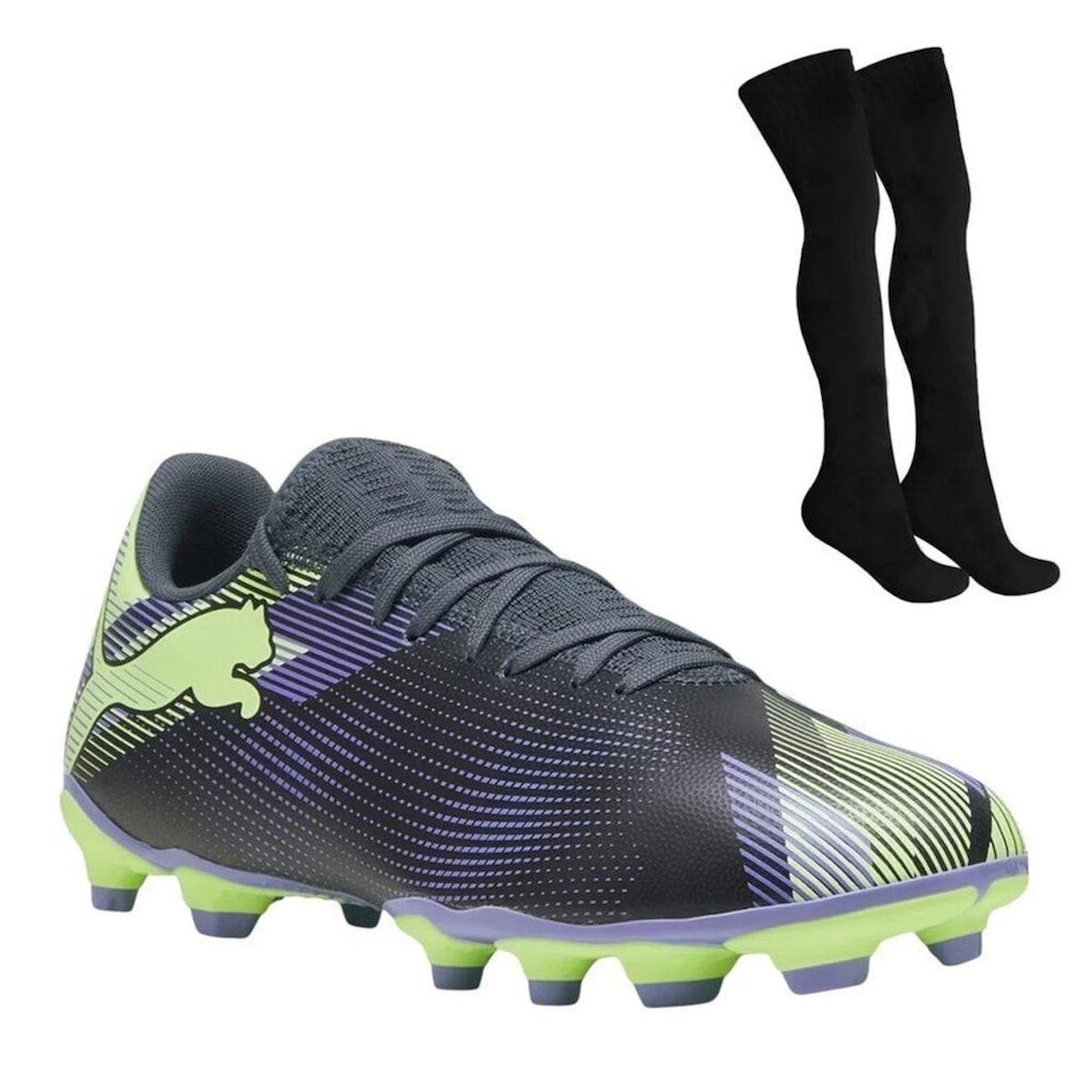 Kit Chuteira Campo Puma Future 7 Play + Meião - Roxo e Verde 38