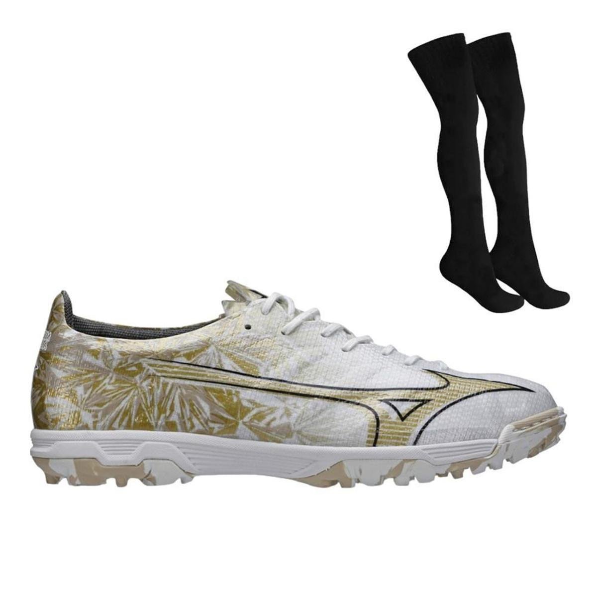 Kit Chuteira Society Mizuno Alpha Elite + Par de Menor preço em Kit Chuteira Society Mizuno Alpha Elite + Par de