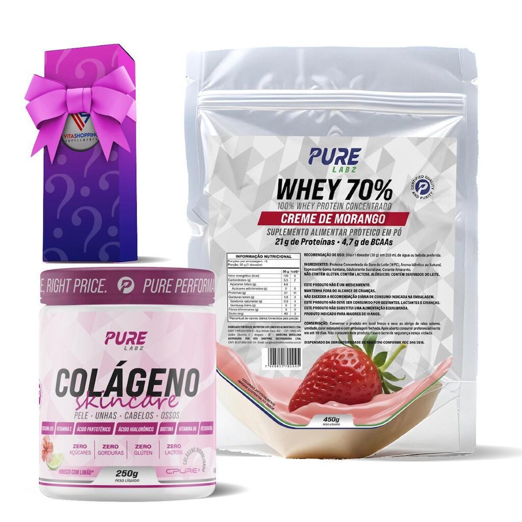 Kit Colágeno Hibisco C/Limão + Whey Concentrado 70% Creme de Baunilha