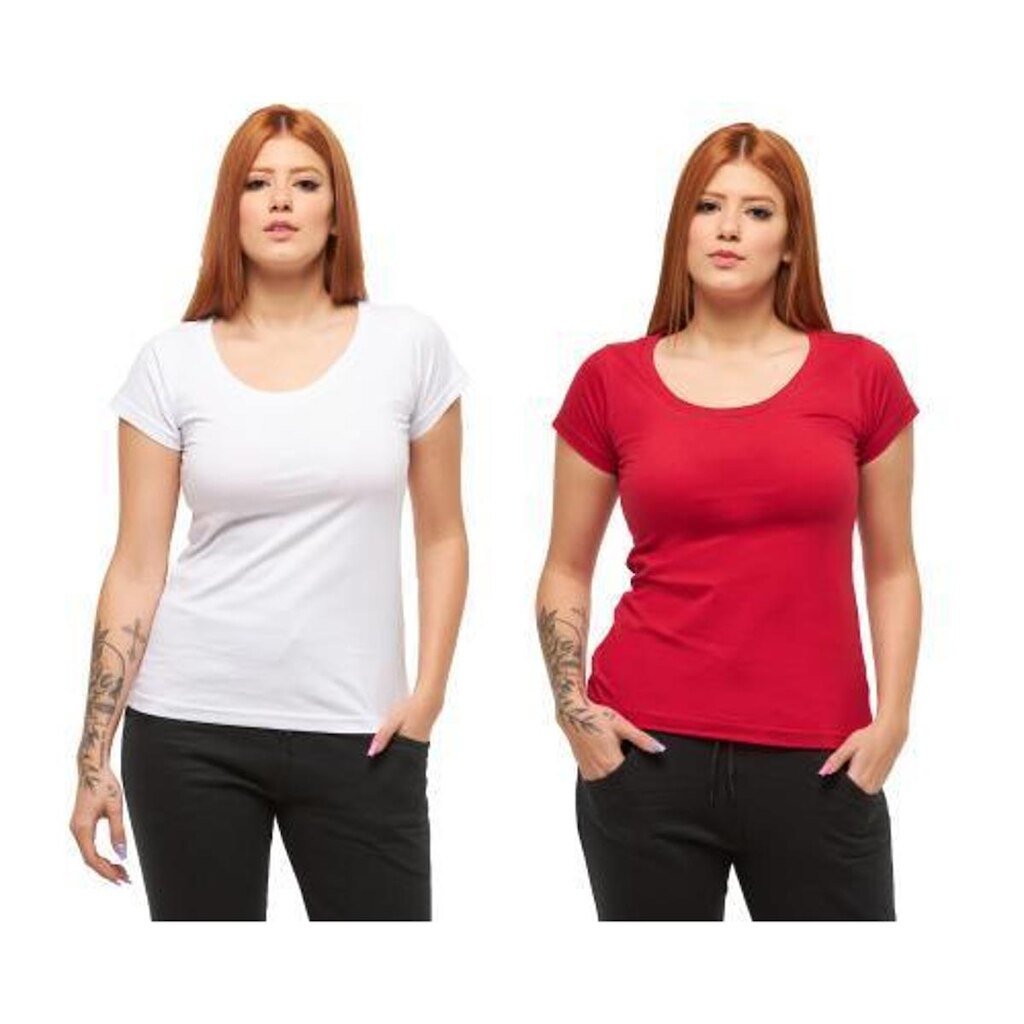 KIT COM 02 BABYLOOK FEMININA GOLA ABERTA-BRANCO-VERMELHO-PP