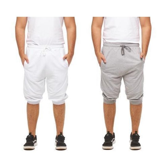 KIT COM 02 BERMUDAS DE MOLETOM MASCULINA FITNESS SKINNY-CINZACLARO-PRETO-GG - Branco+Cinza Menor preço em KIT COM 02 BERMUDAS DE MOLETOM MASCULINA FITNESS SKINNY-CINZACLARO-PRETO-GG - Branco+Cinza