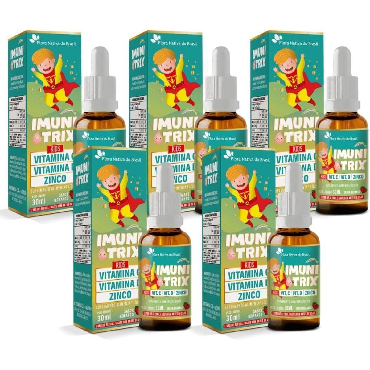 Kit Com 05 - ImuniTrix Kids (Vitamina C + D + Zinco) 30ml Sabor Morango Flora Nativa