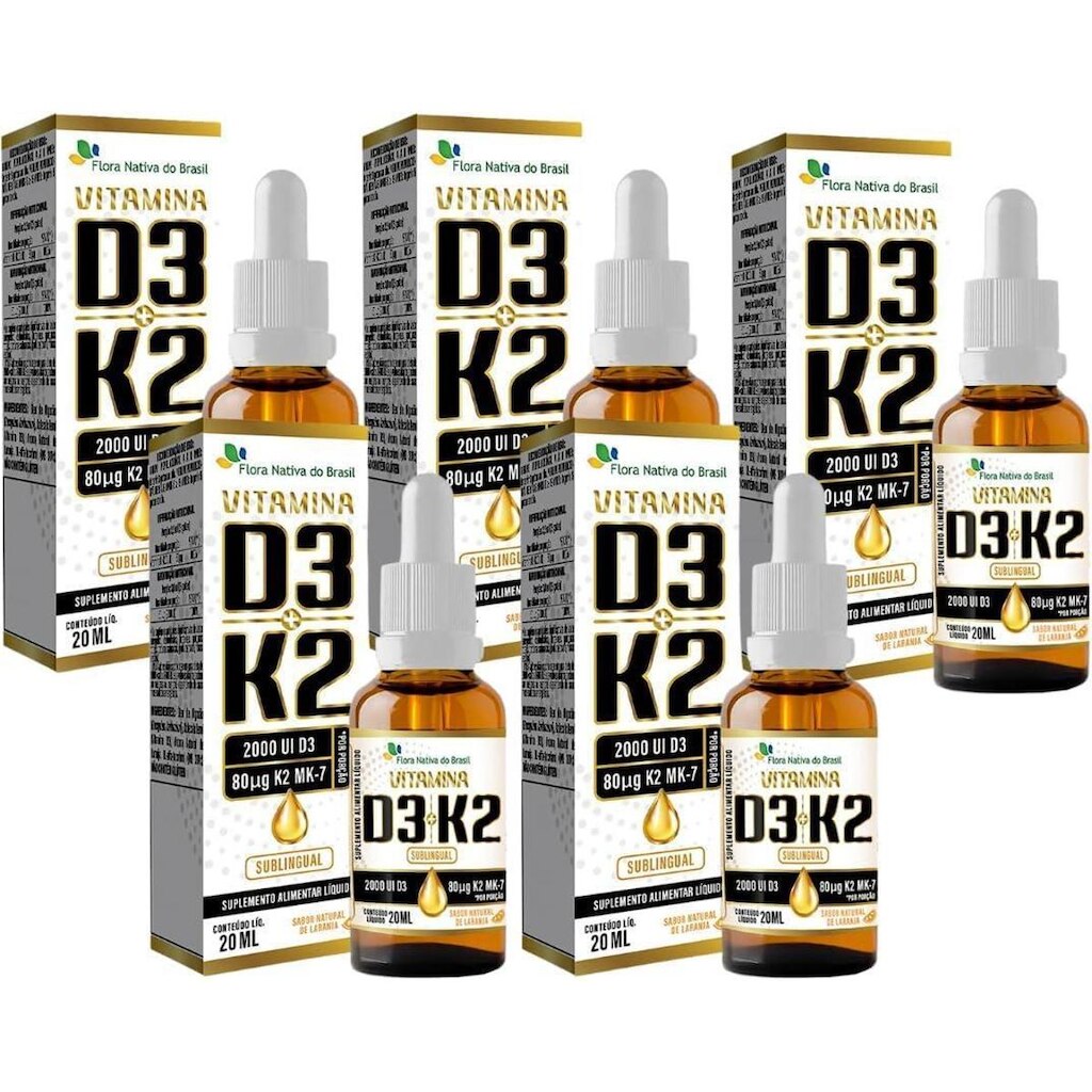 Kit Com 05 - Vitamina D3 + K2 Em Gotas Sabor Laranja 20ml Flora Nativa