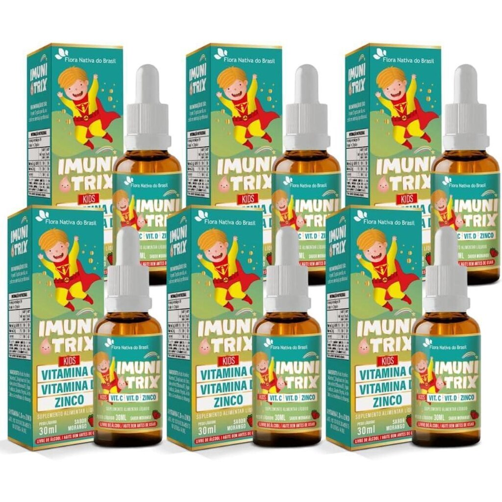 Kit Com 06 - ImuniTrix Kids (Vitamina C + D + Zinco) 30ml Sabor Morango Flora Nativa