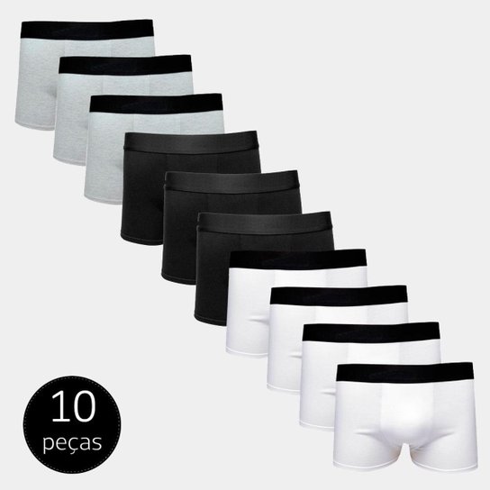 Kit Com 10 Cuecas Boxer Cotton Part.B Confort - Branco+Preto