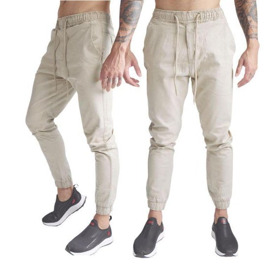 Kit com 2 calças jogger masculina cargo skinny com elástico e punho - Bege Menor preço em Kit com 2 calças jogger masculina cargo skinny com elástico e punho - Bege