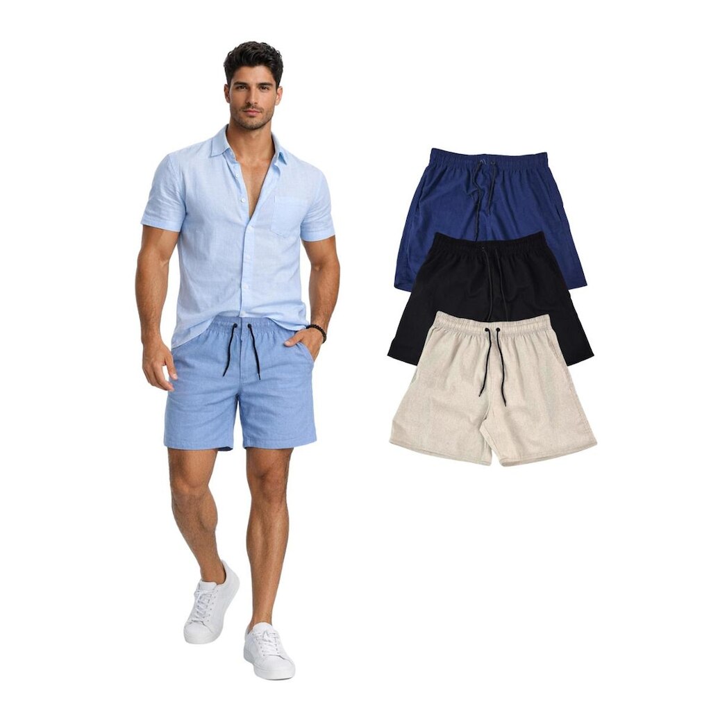 Kit Com 3 Bermuda Linho Premium Masculina Com Cordão
