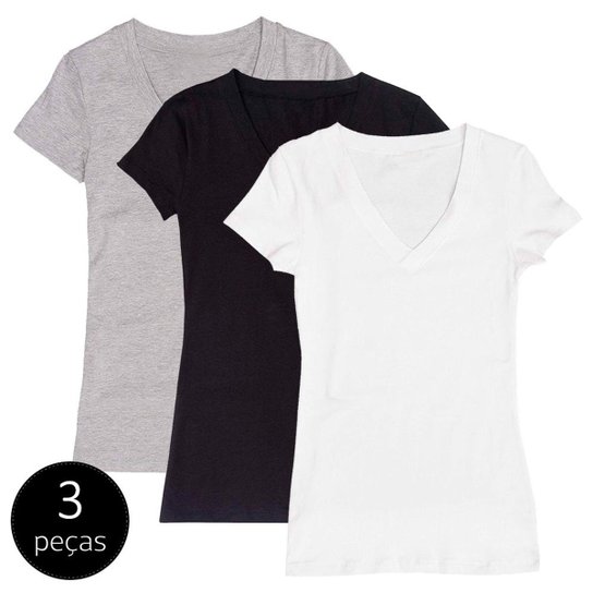 Kit com 3 Blusas Part.B Decote V Colors - Branco+Preto