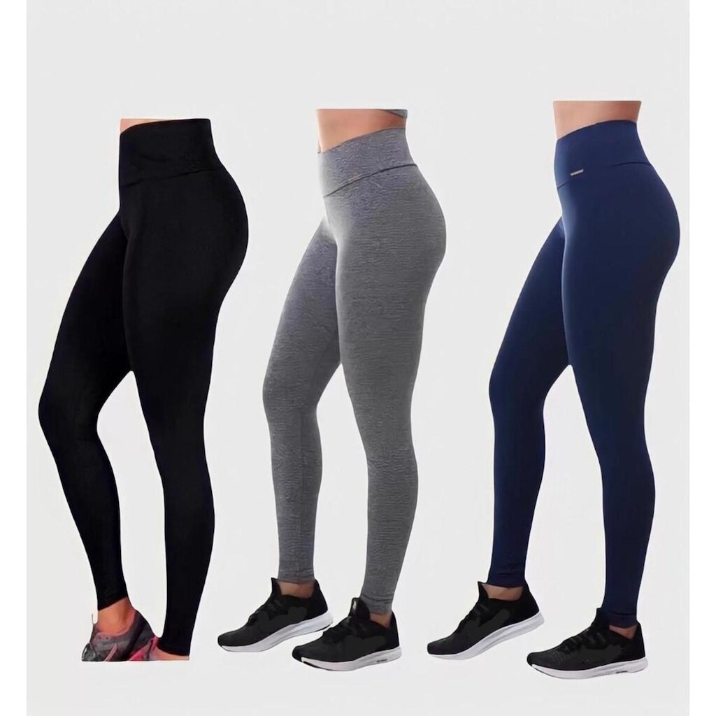 Kit Com 3 Calça Leggings Cós Alto Preto Azul Cinza