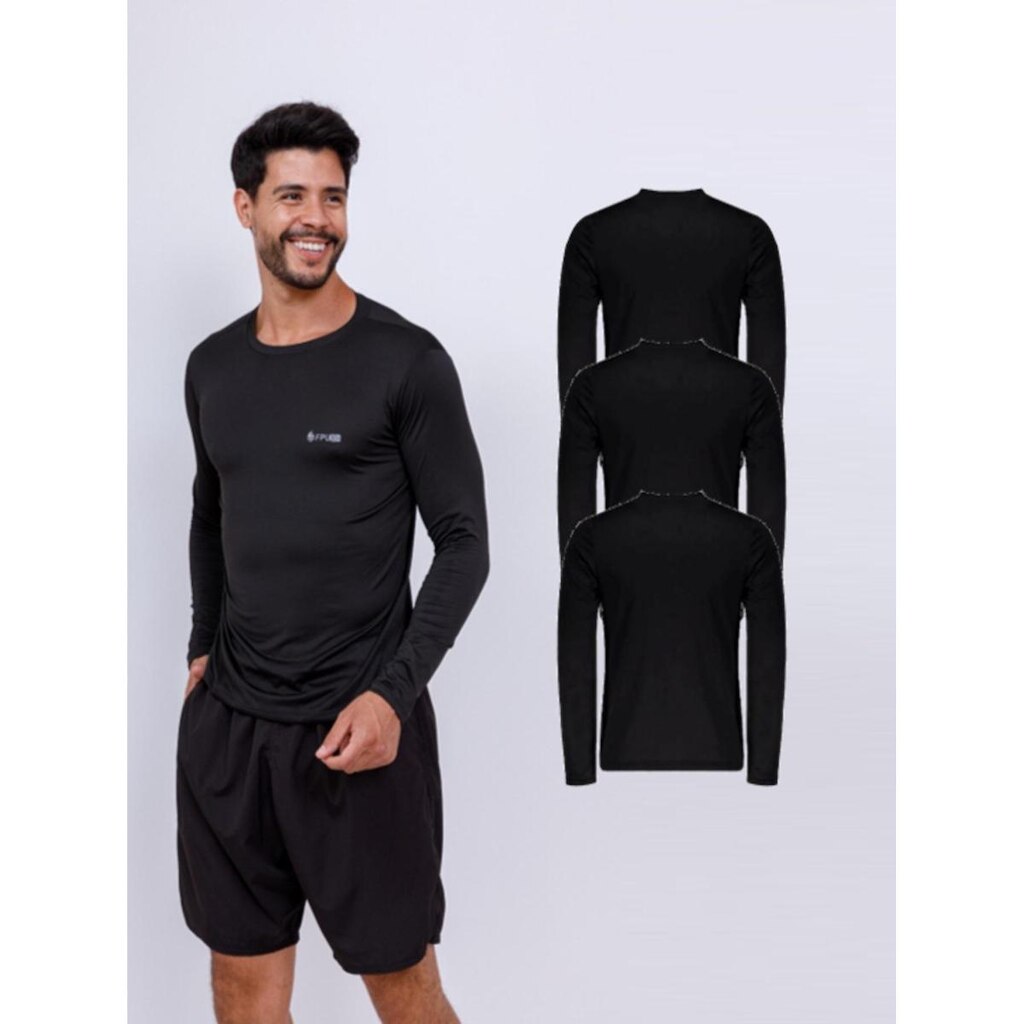 Kit Com 3 Camisetas Lisa Manga Longa Com Proteção UV