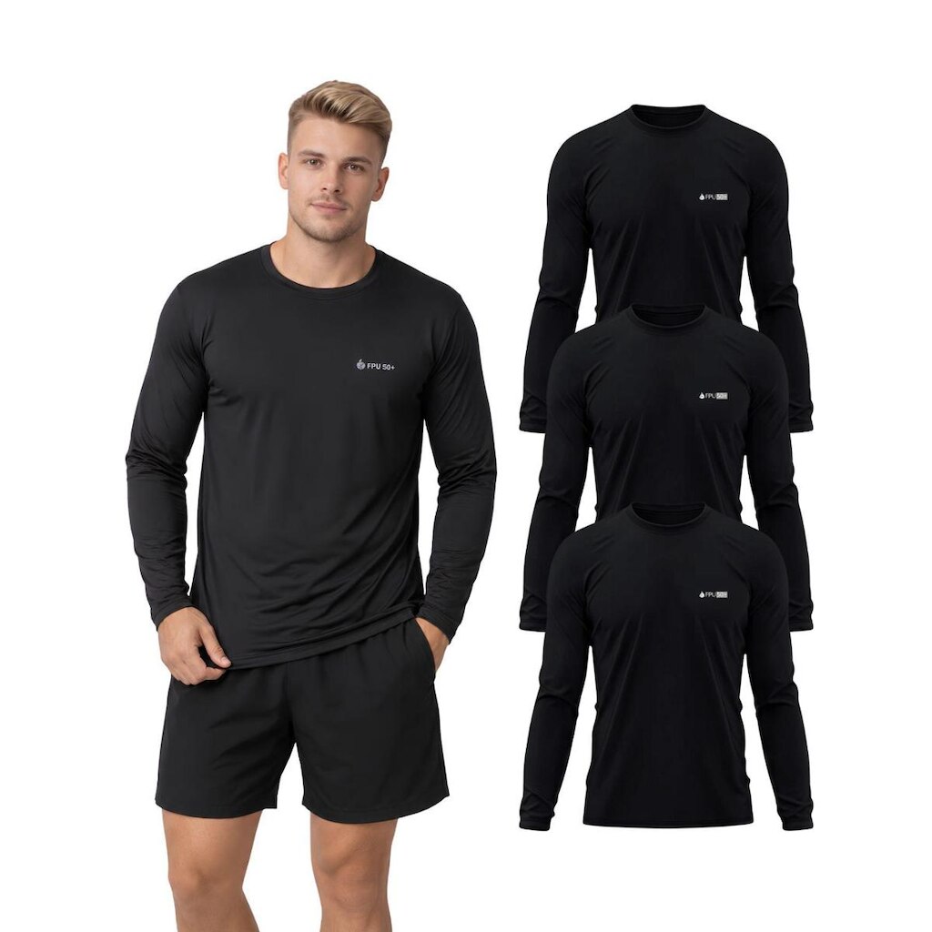 Kit Com 3 Camisetas Lisa Manga Longa Com Proteção UV