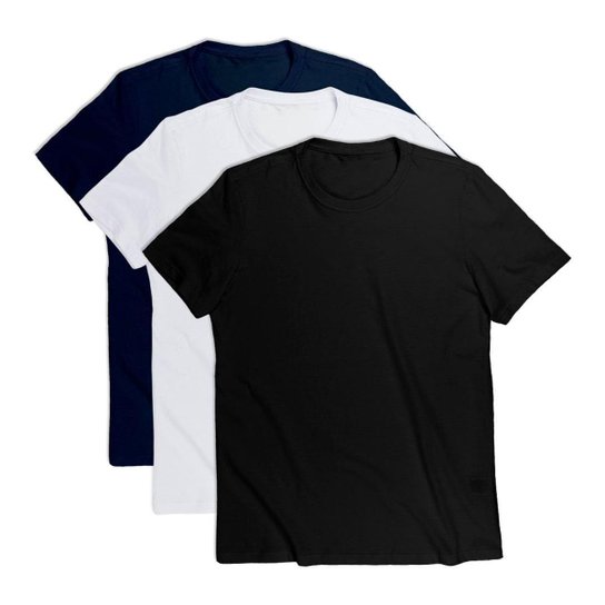 Kit Com 3 Camisetas Masculina Lisa Básica 100% Algodão - Azul+Branco Menor preço em Kit Com 3 Camisetas Masculina Lisa Básica 100% Algodão - Azul+Branco