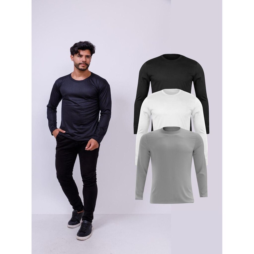 Kit Com 3 Camisetas Poliéster Manga Longa