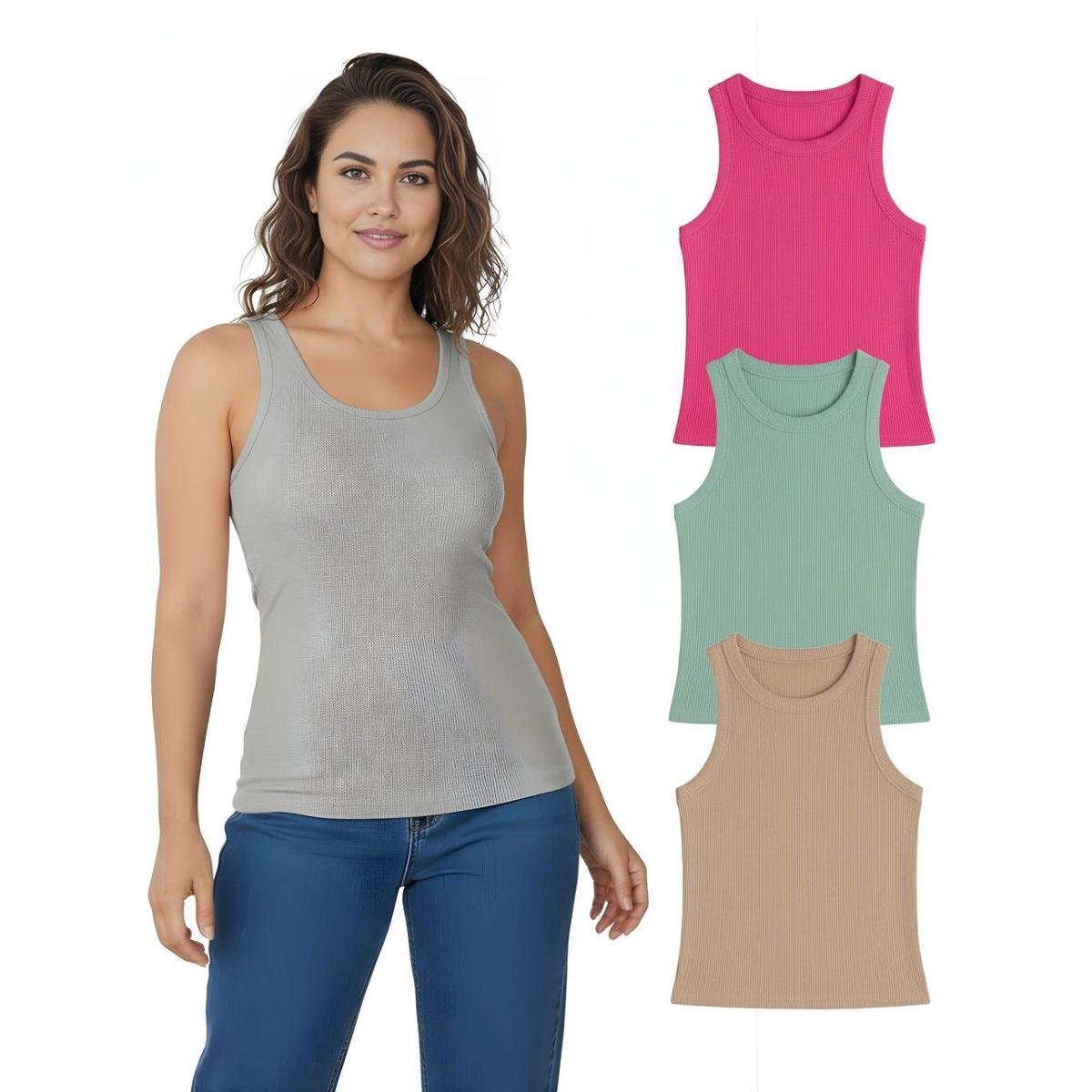 Kit Com 3 Regatas Ribana Feminina Cores Sortidas Menor preço em Kit Com 3 Regatas Ribana Feminina Cores Sortidas