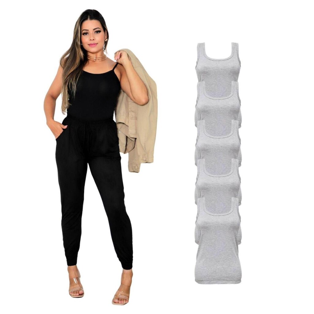 Kit Com 5 Blusas Regata Feminina Alça Larga