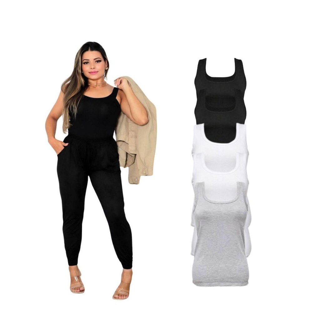 Kit Com 5 Blusas Regata Feminina Alça Larga