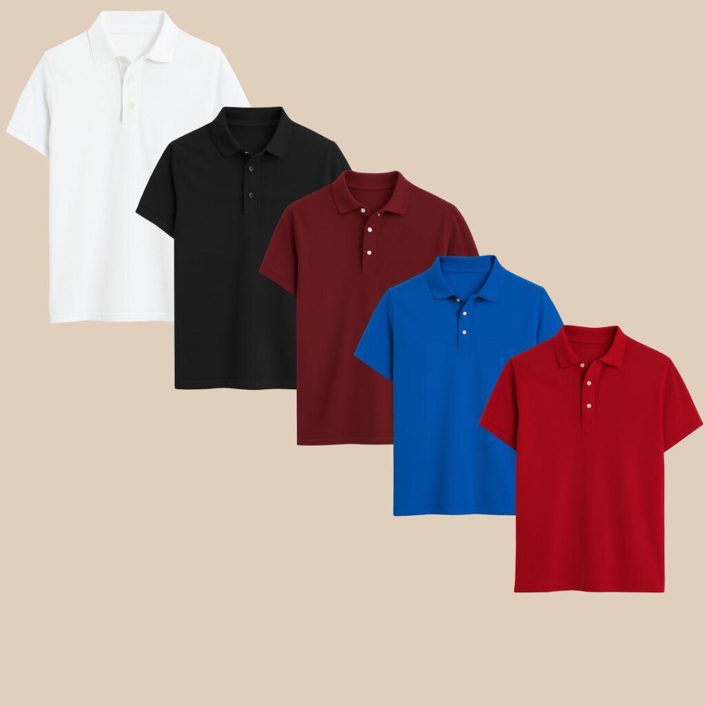 Kit Com 5 Camisas Polo Masculina Clássica Piquet Manga Curta com Gola V e Botões