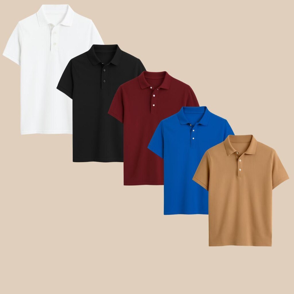Kit Com 5 Camisas Polo Masculina Clássica Piquet Manga Curta com Gola V e Botões